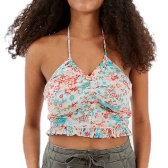American Eagle Floral Ruched Cropped Halter Top Size Large - Picture 1 of 7